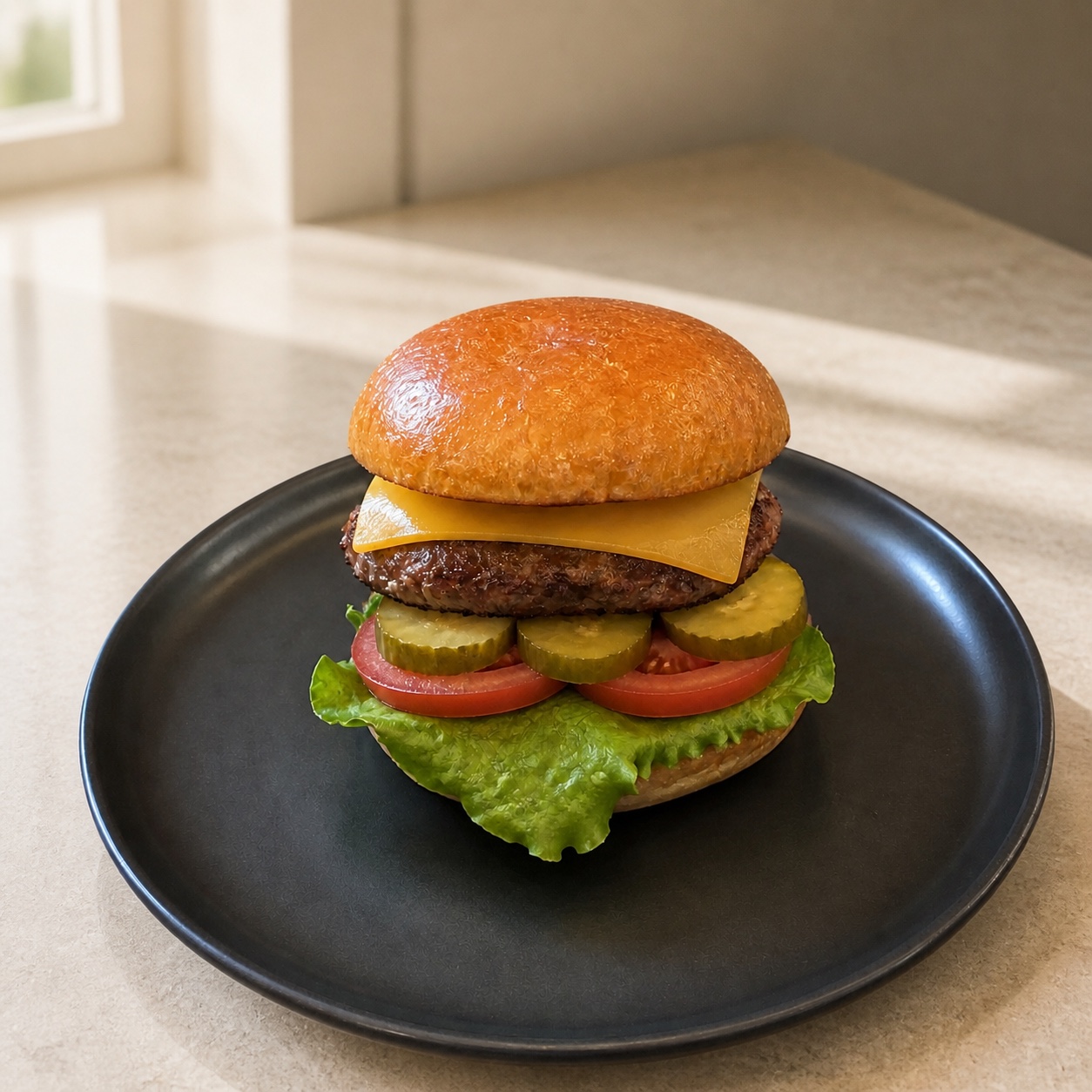 Synthetic menu-treatment concept of the same cheeseburger with cleaner light and background.