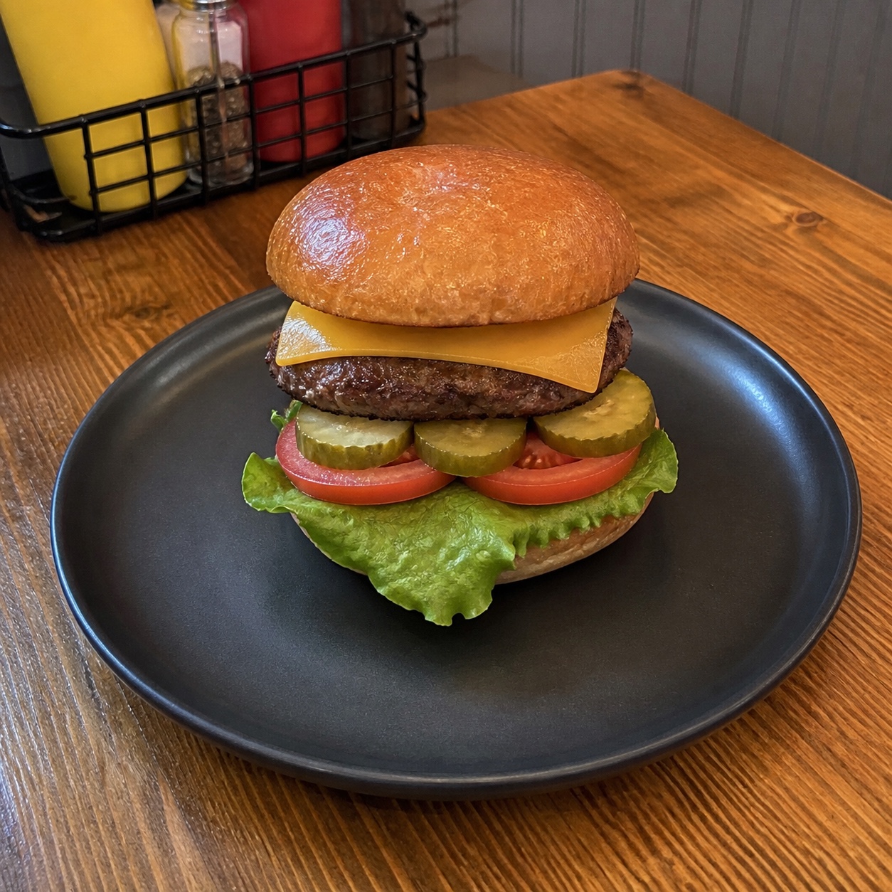 Synthetic source-photo concept of a clean cheeseburger on a restaurant table.
