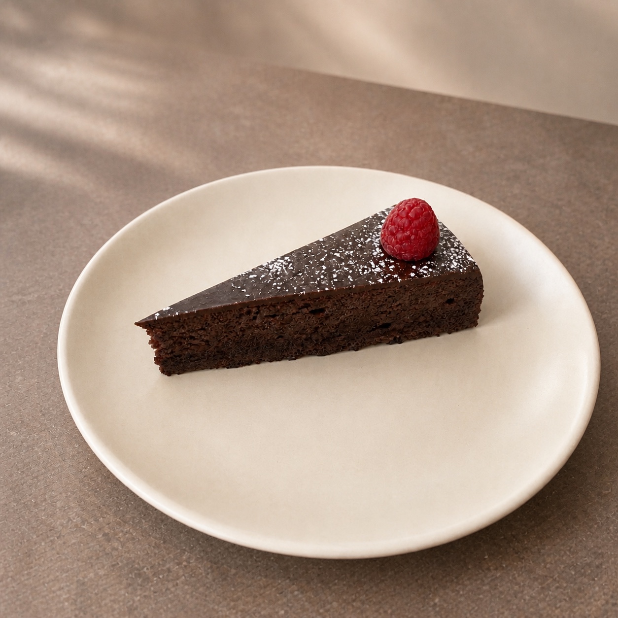 Synthetic menu-treatment concept of the same cake slice with cleaner light and background.